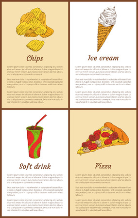 Chips and ice-cream posters with headlines set. Soft drink in cup with straw, Italian pizza slice made of sausages and cheese vector illustrationのイラスト素材