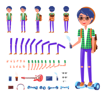 Young teenager with hoverboard isolated icons set vector. Boy with have, mobile phone, headphones and guitar musical instrument. Backpack and gesturesのイラスト素材