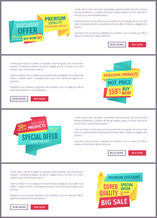 Special offer banners set, vector design icons. Super premium quality, hot price, exclusive products, big sale, discount and limited time promotionのイラスト素材