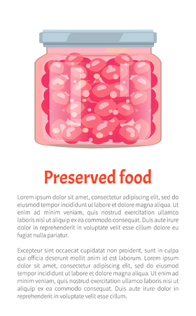 Conservated currant berry jam or fruit compote poster with text sampe. Screw-cap glass jar home cooked preservation vector illustration isolated.のイラスト素材