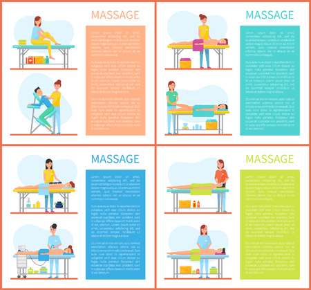 Relaxing and stretching muscles massage in physiotherapy room vector set. Masseuse in uniform massaging foot and back, face and body of lying clientのイラスト素材