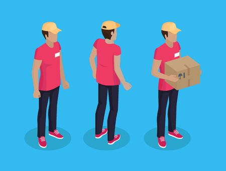 Delivery man with parcel made of cardboard. Courier wearing uniform and badge with name. Shipping of items transportation of orders service vectorのイラスト素材