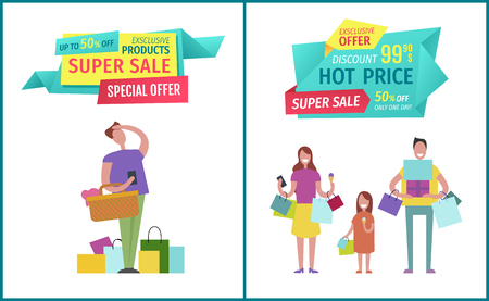 Super sale, hot price for exclusive products banner. Advert geometrical labels with cartoon man searching for sale with basket and family with bags.のイラスト素材