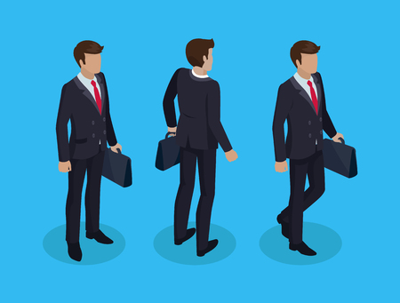 Businessman carrying briefcase professional man heading to business meeting. Set of icons boss wearing suit with tie. Serious male isolated on vectorのイラスト素材