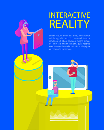 Interactive reality poster with text sample. Man and woman wearing vr glasses looking at screens displays of laptop. Mobile phone with button vectorのイラスト素材