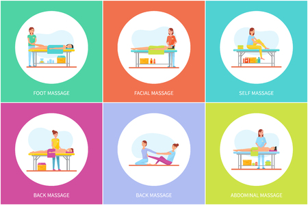 Foot facial and self massage, icons set vector. Masseuses using lotions and creams, aroma candles to treat clients. Abdominal massaging therapy careのイラスト素材