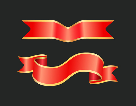 Ribbon red banners designed for text sample. Decorative stripes set with curly structure yellow borders. Waves swirl bands icons isolated on vectorのイラスト素材
