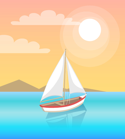 Modern yacht marine nautical personal boat icon. Sail boat with white canvas sailing in deep blue waters and leave trace vector on backdrop of mountainsのイラスト素材
