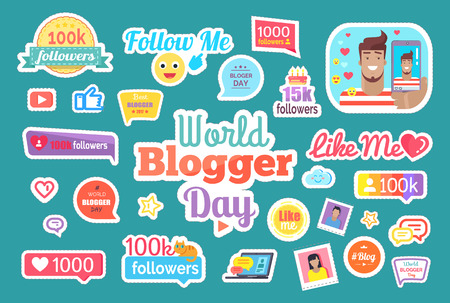 World blogger day, follow me button isolated stickers set vector. Male with phone streaming laptop with chatting boxes screen. Likes and followersのイラスト素材