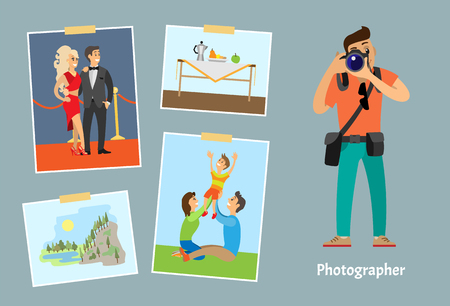 Photographer with digital camera taking photo. Celebrities couple, family on lawn, still life picture and landscape photography vector illustration.のイラスト素材