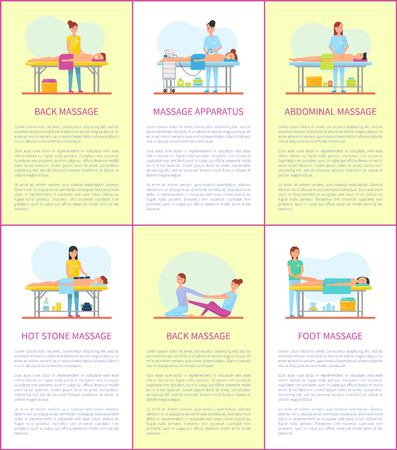 Back and massage apparatus tool for body skincare and treatment. Posters set with text sample, hot stones techniques and foot abdominal therapy vectorのイラスト素材