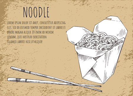Noodles asian food poster with monochrome sketch outline and informational text. Fast food in package served with chopsticks, vector illustrationのイラスト素材