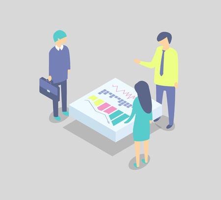 Business partners discussing project at table cartoon vector banner. Men and woman in suits with suitcase reviewing issues, diagram and bar chartのイラスト素材
