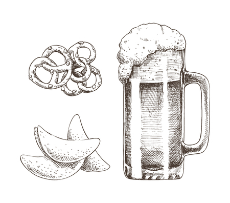Frothy alcohol beverage in glass and tasty snack vector illustration, pencil drawing of roasted chips and pretzels set isolated on white backgroundのイラスト素材