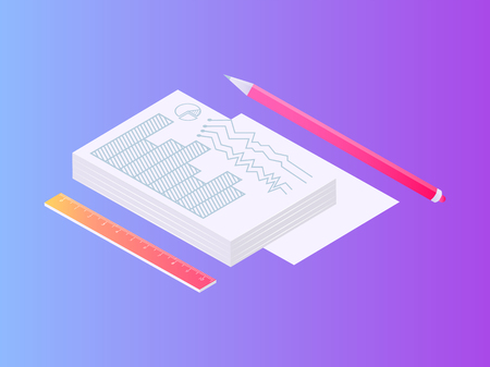 Pile of papers documents with pencil and ruler vector set. Paperwork with diagrams with bar charts and schematic graphs isolated 3d isometric styleのイラスト素材