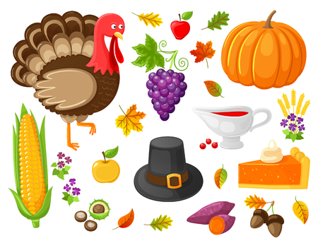 Turkey and pumpkin, products and food isolated icons thanksgiving day vector. Hat and corn, cake and grapes, flower and wheat, acorn and chestnutのイラスト素材