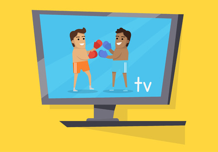 Boxing people show at television screen monitor vector. Pass free time by watching showing of training people. Sport activity and professional fightのイラスト素材