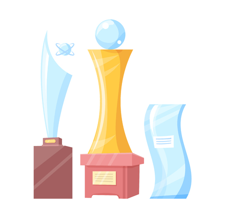 Set of golden and glass awards colorful banner, isolated on white backdrop collection of glossy trophies with different shape and material, shiny cupsのイラスト素材
