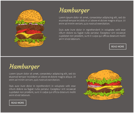 Hamburgers fast food posters set. American traditional dish made of ham, beef and vegetables. Salad leaves and fatty fried meat vector illustrationのイラスト素材