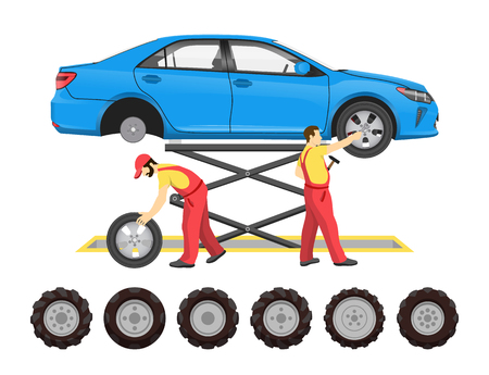 Tire service, vector emblem in cartoon style. Workers in uniform repairing car on platform over trestle with equipment, changing wheels, job themeのイラスト素材