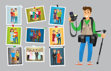 Photographer with digital camera taking photo. Man making pictures of weddings, birthdays and corporate parties. Samples of his works hanging on wall vectorのイラスト素材
