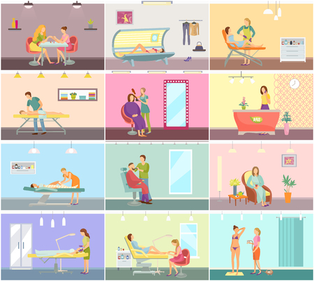 Spa salon manicure and barber shop procedures vector set. Receptionist on reception, massage and masseur, tanning process and cosmetician, hair stylingのイラスト素材