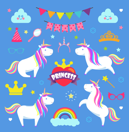 Princess party and decorations element set vector. Clouds and flags, crown of royal person, celebrative cap, hat for celebration. Unicorn and starのイラスト素材