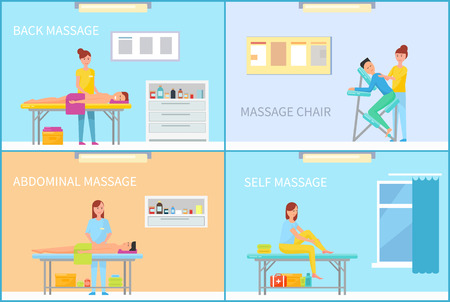 Massage back and abdominal, self on couch, with apparatus and sitting on armchair. Salon interior with equipment and furniture cartoon vector setのイラスト素材