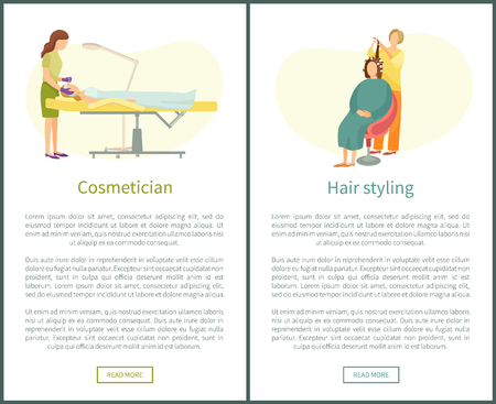 Cosmetician facial cosmetic procedures and hair styling salon vector web posters. Woman cosmetologist taking care about skin, hairdresser curve locksのイラスト素材