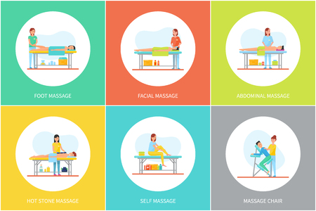 Foot and facial, abdominal and self, hot stone massage and special chair cartoon set vector posters. Masseur in uniform and client lying relaxed on tableのイラスト素材