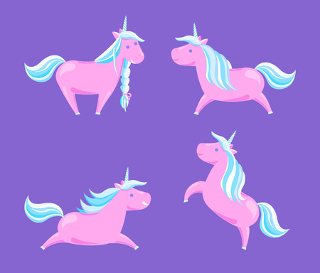 Cartoon horses fairy tale and legend creatures with horn. Childish animal character, rainbow mane vector. Set of unicorns in different poses vector isolatedのイラスト素材