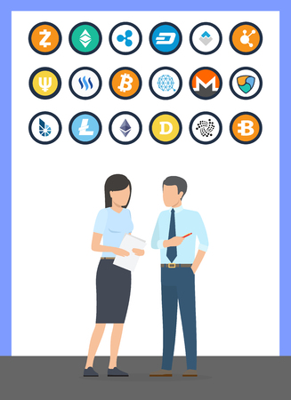 Bitcoin cryptocurrency coins and currency of different types set vector. Litecoin and dogecoin, dash and bitshare. Monero and people with documentsのイラスト素材