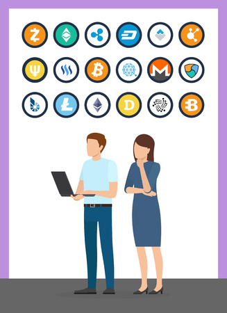 Bitcoin and brainstorming people working with laptop vector. Isolated icons of cryptocurrencies, digital and virtual money, financial assets litecoinのイラスト素材