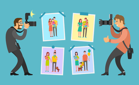 Battle between family photographers on best photo of parent sand children. Real professionals take order on video and photos reportages about relativesのイラスト素材