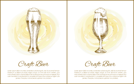 Craft beer objects set hand drawn vector sketches. Full tumblers with flowing foam isolated on beige stain vintage icons illustrations for bar menuのイラスト素材