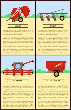 Agricultural machinery set cartoon vector banner. Big combine with wide reaper and plow, baler and grain trailer, new technique, isolated equipmentのイラスト素材