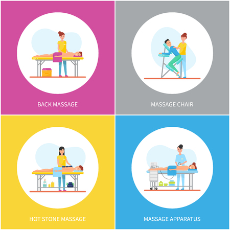 Back massage and apparatus equipment for skin and body care icons set vector. Treatment and healthcare improvement, table and chair hot stones methodのイラスト素材