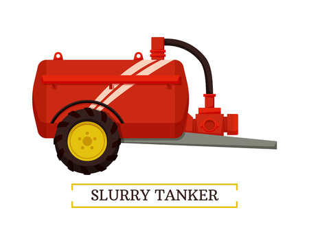 Slurry tanker machinery isolated icon vector and text. Device with reservoir and tube for gathering waste and organic matter. Equipment for liquidsのイラスト素材