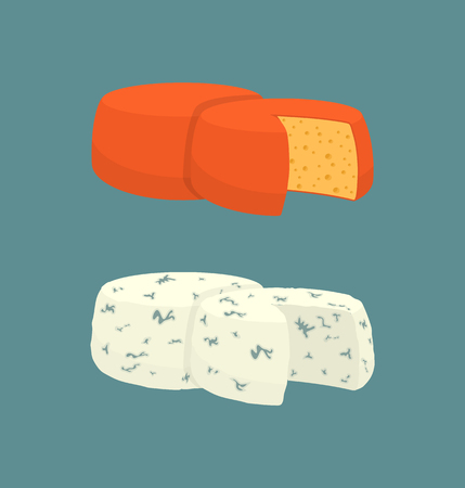 Hard cheese variety isolated icons set vector. Diary product made of milk, homemade natural food with mold and mildew. Meal and rounded snack partのイラスト素材