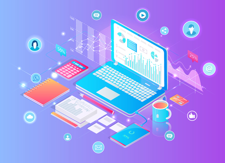 Digital finance analytics isolated 3d icons set. Laptop with charts and diagrams, calculator and papers, phone with banking card. Cup of coffee vectorのイラスト素材