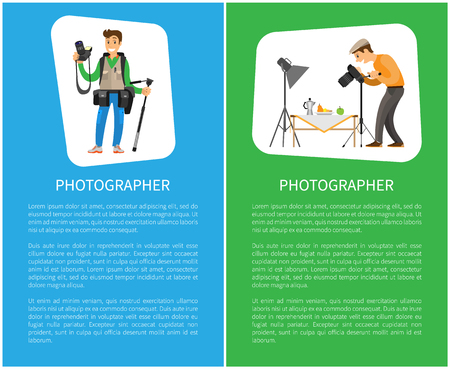 Photographer making shot of still life composition and journalist with tripod. Man with camera taking photo, fruits on table under spotlight vector postersのイラスト素材
