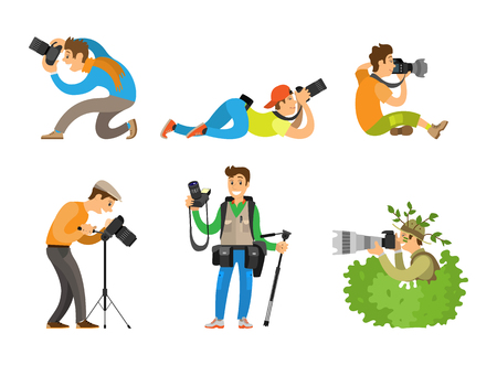 Photographers or paparazzi taking photo with digital cameras from all angles and bush. Journalists or reporters spy and follow vector illustrations.のイラスト素材
