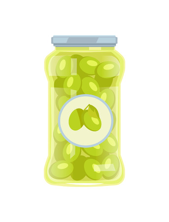Olives preserved food in glass jar vector icon isolated on white. Conserved green veggies, traditional mediterranean cuisine pickled marinated snackのイラスト素材