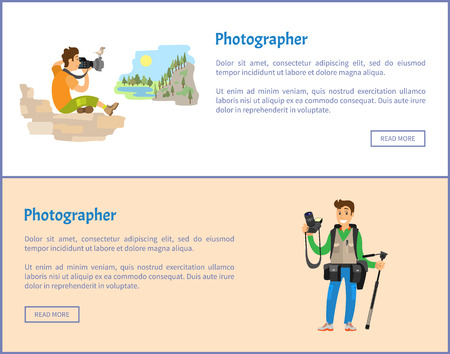 Photographers of landscape with tripod and backpack banners set. Man holding camera, sitting mountain or rock, photojournalists vector illustrations.のイラスト素材