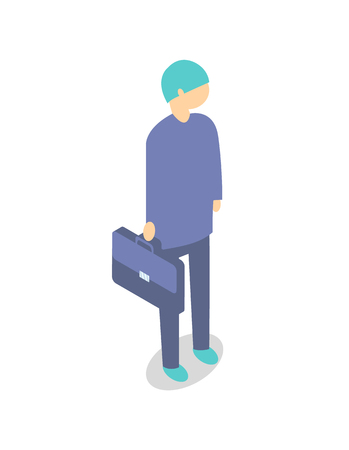 Worker in suit with suitcase cartoon isolated icon vector banner sample. Young man shape in working uniform standing silhouette, 3d model with shadowのイラスト素材