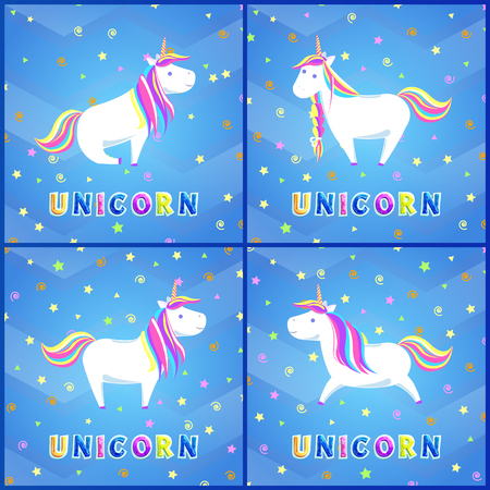 Girlish unicorns with rainbow mane and sharp horn set of greeting cards. Mysterious horse from fairy tales or legends. Childish animal character vectorのイラスト素材