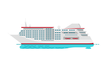 Spacious luxury cruise liner big red steamer on water surface isolated on white background. Seagoing ships vector illustrations in flat styleのイラスト素材
