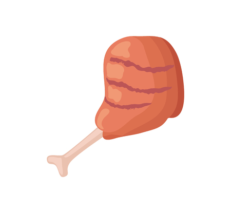 Roast chicken leg isolated vector icon in cartoon style. Hand drawn single badge of grilled piece of meat with strips from grille, menu cover emblemのイラスト素材