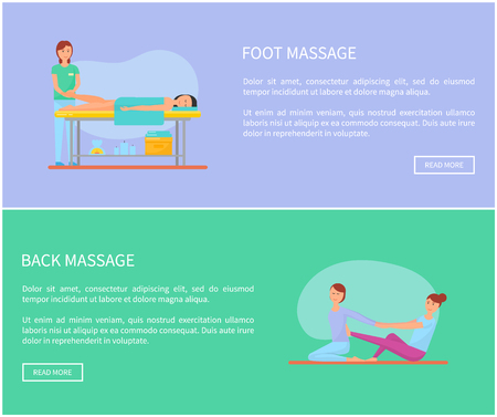 Foot and back massage of body parts by expert masseuses, techniques and methods. Postes set with text sample, relaxing woman on special table vectorのイラスト素材