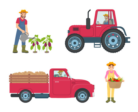 Tractor and lorry machinery set. Man watering aubergine plantation with can, woman holding basket with carrots and peppers vegetables veggies vectorのイラスト素材